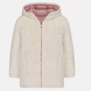 Girls' Plush Hooded Puffer Coat in Cream with Pink Lining